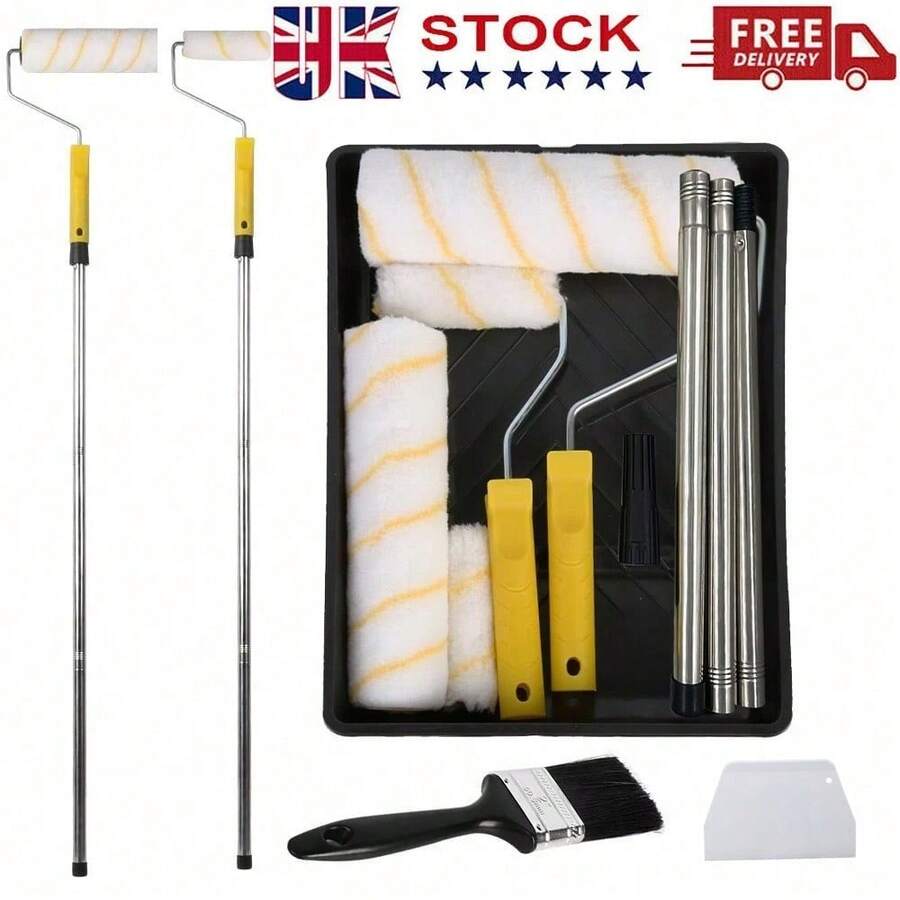 Set Paint Rollers Extension Pole Tray Brush Roller Sleeves Painting Wall Ceiling - Default - View 1