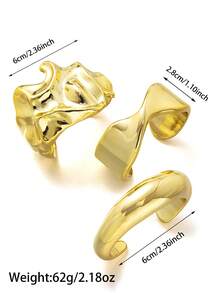 Set de 3 piezas de brazaletes anchos de acrílico con pliegues geométricos de moda, uso versátil diario para mujeres - Dorado - Ver 5
