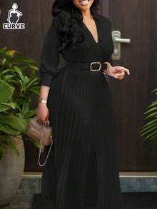 Plus Size Elegant Waist-Cinched Pleated Dress With Belt, Suitable For Spring/Summer, Formal Occasions, Weddings, Birthdays, And Teacher Outfits - Black - View 4