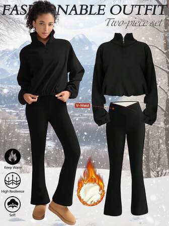 Women's Autumn/Winter Thermal Lined Outfit, Half-Zip Long Sleeve Jacket And High Waist Flare Leg Thermal Lined Pants Set, Thermal Lined Autumn/Winter Sportswear Outdoor Set, Long Sleeve Tops, Thermal Lined, High Waist Flare Leg Thermal Lined Pants
