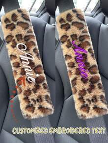 1pc Customized Embroidered Leopard Print Car Interior Plush Seat Belt Shoulder Pad, Comfortable Anti-Neck Anti-Friction Shoulder Protector Cover, Customized Car Gift, Gift For Friends And Family, Father's Day Gift, Mother's Day Gift ,Seat Belt Cover, Leopard Belt - Multicolor - View 1