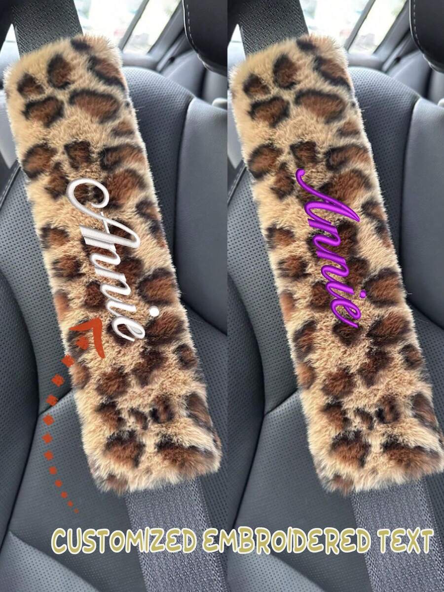 1pc Customized Embroidered Leopard Print Car Interior Plush Seat Belt Shoulder Pad, Comfortable Anti-Neck Anti-Friction Shoulder Protector Cover, Customized Car Gift, Gift For Friends And Family, Father's Day Gift, Mother's Day Gift ,Seat Belt Cover, Leopard Belt - Multicolor - View 1