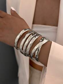 6 Peças Conjunto de Pulseiras de Metal em Estilo Boho, Design Assimétrico de Abstração Líquida, Estilo Vintage Minimalista Ajustável, Aberto, Conjunto de Pulseiras de Bracelete, Adequado para Acessórios de Joias Diárias e de Férias para Mulheres - Ouro amarelo - Visão 2