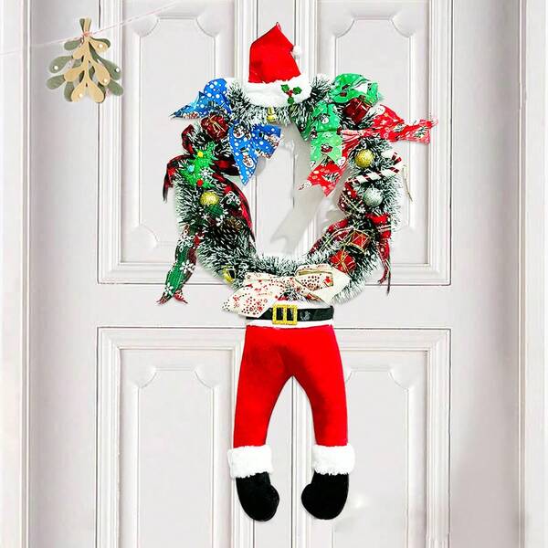 1pc Long Leg Santa Claus Wreath, Suitable For Christmas & New Year Decoration, Non-Electric, Front Door Hanging Decor, Home Decor, Outdoor Decor, Santa Hat Decor, Colorful Ball Decor
