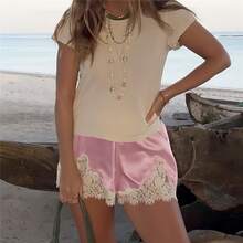 Boho Women's Lace Trim Satin Silk Shorts Shiny Elastic Waist Mini Shorts Pettipants Half Slip Shorts French Knickers Boyshorts For Dresses Full Coverage Underwear Lounge Pants - 粉色 - 查看 8