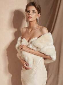 女士翻领绒面披肩，香槟色加厚仿毛皮新娘披肩，是日常配饰，可温暖晚宴礼服。 - 香檳色 - 查看 2