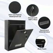 Key-Lock Mailbox Suitable For Outdoor Use, Lockable Wall-Mounted Mailbox, Secure Key Drop Box Suitable For Letters, Newspapers, Cards, 12.4 Inches High X 8.54 Inches Long X 3.35 Inches Wide (Approximately 12.4 X 8.54 X 3.3). - Black - View 7