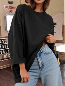 Womens 3/4 Bell Sleeve Oversized T Shirts Crewneck Casual Tunic Tops Loose Fit Fall  Tees - Black - View 1