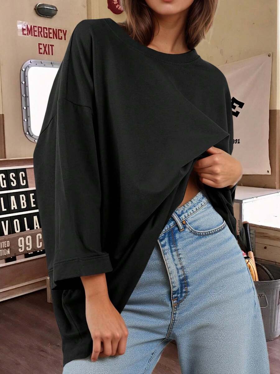 Womens 3/4 Bell Sleeve Oversized T Shirts Crewneck Casual Tunic Tops Loose Fit Fall Tees - Black - View 1