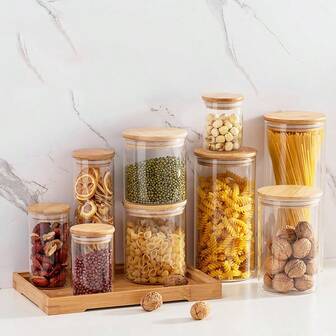 1/2/3/4 piezas Tarros de vidrio redondos herméticos, organizadores de cocina con tapas de bambú, recipientes de almacenamiento de vidrio, set combinado de 540ml/750ml/1200ml de capacidad, bote de café, adecuado para especias de cocina, café, granos, caramelos, galletas, pasta, decoración del hogar, apilable, ideal para regalos de vacaciones y bodas