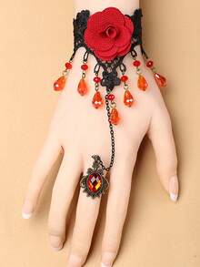 1 件女士复古哥特朋克时尚勃艮第花朵蕾丝手链腕带配红色宝石戒指万圣节
