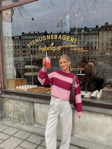 LUBI Autumn/Winter Colorblock Striped Design Loose Fit Long Sleeve Round Neck Soft Fluffy Knit Pullover Sweater, Casual Commute Cafe Travel Afternoon Tea Date - Multicolor - View 6