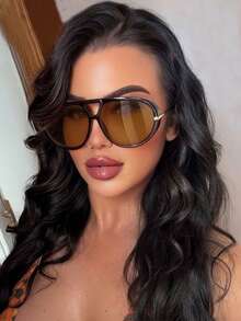 1pc/2pcs Full Frame Metal Retro Large Frame Fashion Glasses, Y2K Personalized Fashion Glasses, Suitable For Daily, Outdoor, Street Photography, Driving, Travel, Party - 08070-茶色 - 查看 2