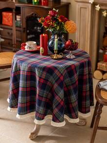 Cirelle 1pc Round Christmas Tablecloth, Classic Red & Green Plaid, Suitable For Christmas, Weddings, Parties And Other Dining Table Decor