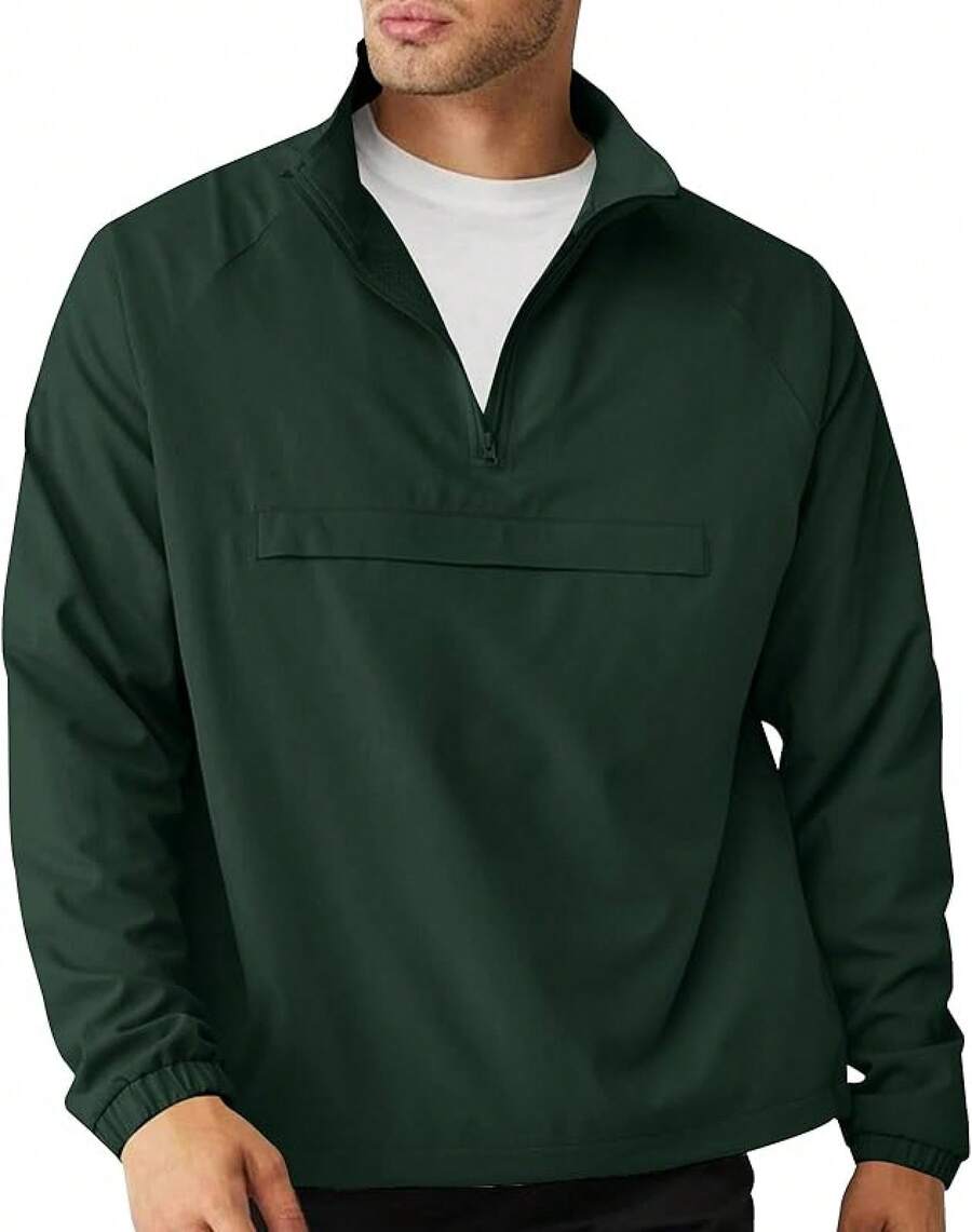 Men's Lightweight Quarter Zip Pullover Windbreaker For Golf Hiking Running Wind Breaker Jackets With Pockethalloween - Dark Green - View 1