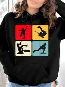Retro Skateboard Graphic Hoodiefor Men & Women - Anti-Shrink Streetwear Hoodie With Vibrant 4-Panel Skateboarder Silhouettes, Regular Fit Casual Crewneck, S-XXXL Black, Everyday Apparel, Skateboarding Theme, Durable Fabric