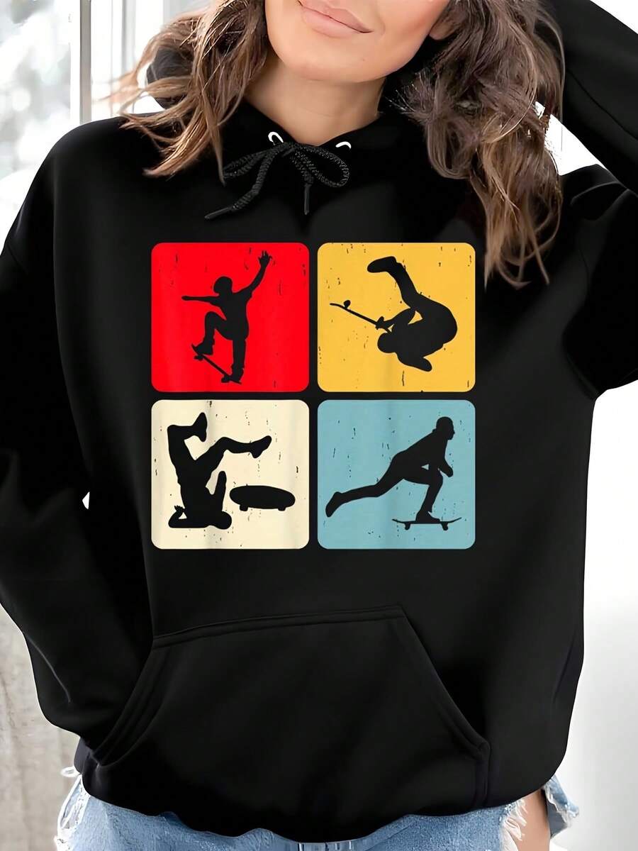 Retro Skateboard Graphic Hoodiefor Men & Women - Anti-Shrink Streetwear Hoodie With Vibrant 4-Panel Skateboarder Silhouettes, Regular Fit Casual Crewneck, S-XXXL Black, Everyday Apparel, Skateboarding Theme, Durable Fabric
