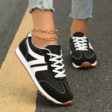 Sneakers For Women Fashion Tennis Shoes Casual Athletic Solid Color Low Top Lace Up Plain Toe Fabric Inner PVC Sole For Outdoor Walking Office Travel Spring Fall - Đen và trắng - Xem 1