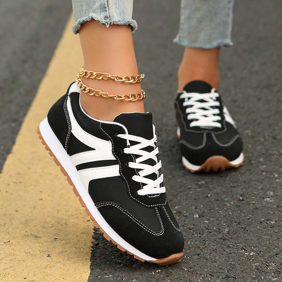 Sneakers For Women Fashion Tennis Shoes Casual Athletic Solid Color Low Top Lace Up Plain Toe Fabric Inner PVC Sole For Outdoor Walking Office Travel Spring Fall - Đen và trắng - Xem 1