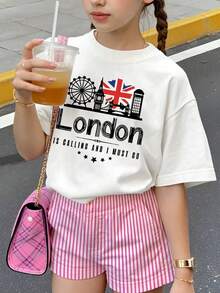 Youngsters' London Travel Cotton Round Neck T-Shirt, White Casual Style Description Tee With Union Jack Flag, London Skyline, Regular Length,Cityscape Theme Art Print Tops, Cute And Funny Style, Travel, UK Fashion, Modern, Stylish. - 白色 - 查看 2