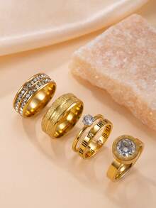 4/5 Pieces Fashionable And Exquisite Stainless Steel Ring 18k Gold Plated With Diamonds Round Square Ring Suitable For Women'S Daily Wear Dating Play Wedding Engagement Holiday Gift Jewellery