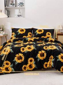 3pcs/Set Sunflower Bedding Set, Full Size, Solid Color Background With Sunflower Pattern, Comfortable Sunflower Duvet Cover Set Bedroom Decor 3pcs (1 Duvet Cover + 2 Pillowcases, No Insert) / Travel / Dorm (For Boys & Girls) - Black - View 22