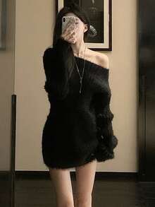 Autumn/Winter New Loose Knit Sweater Top, Solid Color - Black - View 4