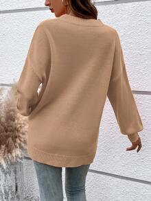 Pullover Kasual Wanita Kerah Bulat Warna Polos Bahu Longgar Saku Tempel - Aprikot - View 6