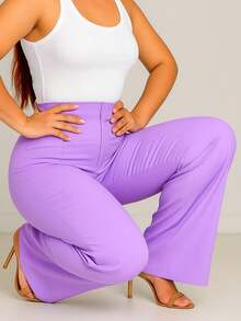 Pantalón Mujer Elegante y Moderno.  Tiro Alto y Pierna Amplia. Tela Ligera y Fresca. Confeccionado en Poliéster Liviano con Elastano. Tela Millenium Stretch, Poliéster con Elastano - Lila Púrpura - Ver 3