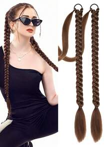 2顶长款编织马尾假发，带发圈，圆形合成假发，自然柔软，适合女性日常佩戴，26英寸、30英寸、34英寸，棕色、深棕色 - 拼色 - 查看 12