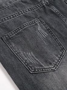 Jeans de mezclilla negros con parches bordados de moda y múltiples desgastes para adolescentes