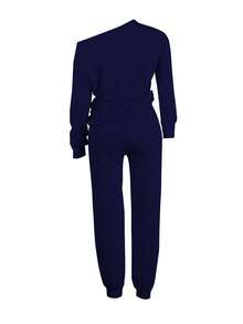 Plus Size Casual Solid Color One-Shoulder Top And Pants Two Pieces Set, For Home And Daily Wear, Autumn Elegant Spring - Navy Blue - View 4