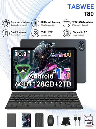 TABWEE 2025 最新款安卓 15 平板电脑，10.5 英寸高清 IPS 显示屏，14(6+8)GB 内存 + 128GB 存储空间/支持 2TB TF 卡，Gemini AI 2.0，GPS，5G WiFi，2.0GHz CPU 和 5MP 摄像头，6000mAh 电池，GMS 认证（不含适配器）