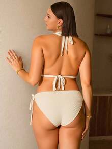 Swim Chiccia Plus Size Textured Fabric Shell Patchwork Swimwear Set For Vacation For Summer - Apricot - View 2