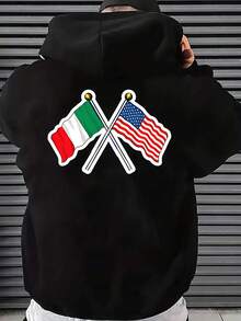 1pc Men's Hooded Sweatshirt With Italian & American Flag Crossed Flags Print - 300gsm Heavyweight Pullover, All-Season Casual Wear For Home, Outdoor, Sports, Work, Vacation - Machine Washable, Black/Gray/Red-Unisex Vintage Cotton Tee Black White - Loose Fit For American Music Festival Camping & ShowsMen's Black Vintage Hoodie Unisex Fit|Soft Cotton Unisex Black Retro Hoodie With  Pocket - 黑色 - 查看 1