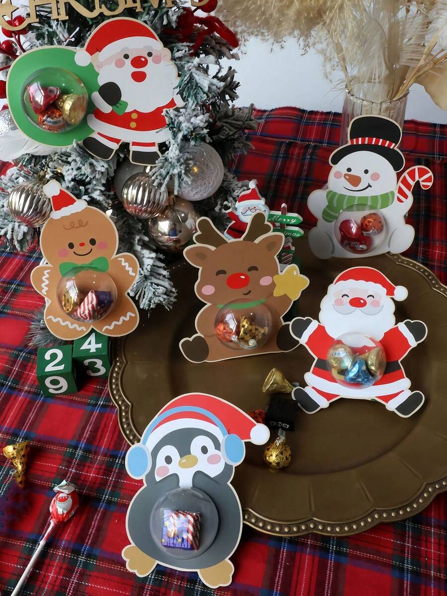 12pcs Christmas Theme Candy Chocolate Holder Cards, Cartoon Santa Claus, Snowman, Elk And Penguin Design, DIY Holiday Party Decorations, Paper Gift Boxes Pendants For Xmas Tree, New Year, Birthdays, Weddings, Christmas Decor Christmas Christmas Decorations Christmas Pajamas Christmas Gifts Christmas Decor - Multicolor - View 1