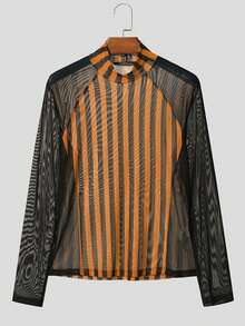 INCERUN Fashion Mens Stand Neck Striped Mesh Sheer Patchwork Long Sleeve Tops Wide Leg Long Pants Trousers Party 2PCS Sets Outfits - Màu vàng - Xem 6