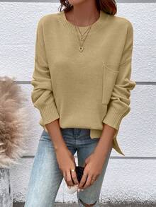 Women's Casual Crew Neck Pullover Solid Color Drop Shoulder Patch Pocket Sweater - Khaki - View 8