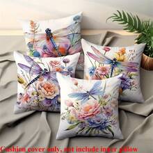 Set de 4 fundas de cojín con diseño de libélula en acuarela - Terciopelo suave color melocotón, 17.7x17.7 pulgadas, con cierre de cremallera, lavable a máquina - Perfecto para decoración de sala de estar y dormitorio, sin cojín interior - Multicolor - Ver 7