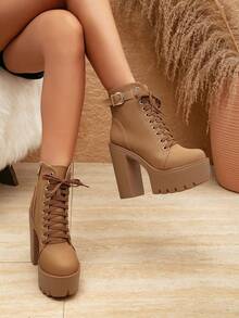 Women's Ankle Boots And Ankle Boots, Fashion Boots, New Autumn/Winter One-Buckle British Style Boots, Ankle Boots, Chunky Heel, Versatile, High Heel, Platform Women Shoes - Brown - View 2