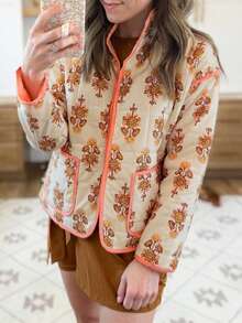 Women's Cropped Quilted Jacket Floral Printed LightWeight Padded Puffer Cardigan Coat Outwear - trái cam - Xem 4