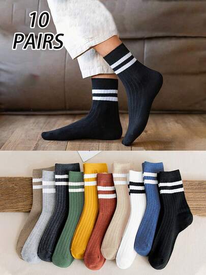 2/6/10 Pairs Men's Candy Color Striped Mid-Calf Socks, Simple Design, Sports Socks, Black, White, Colorful, Breathable, Durable, Non-Slip, All Season