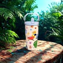 900ML  Cup Toucan Pattern Bottle With Cartoon Handle Stainless Steel Large Capacity Thermal Insulation Vacuum Car Water Cup Suitable For Sports, Wedding, Business, Home, Car, Office, Outdoor, Travel, Gifts, School And Other Festivals - Aleatório1 - 查看 3