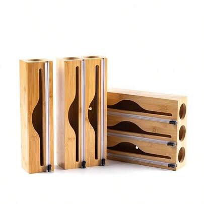 1pc Bamboo Plastic Wrap Dispenser - Aluminum Foil & Cling Film Storage Box For Kitchen Organization