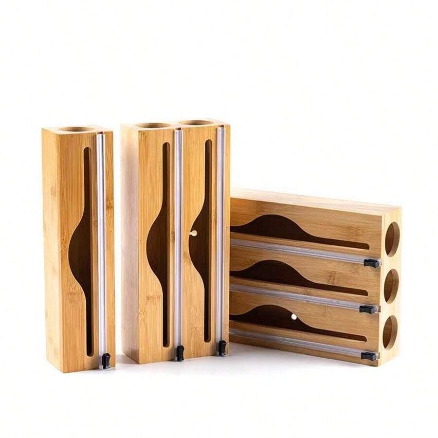 1pc Bamboo Plastic Wrap Dispenser - Aluminum Foil & Cling Film Storage Box For Kitchen Organization - Khaki - View 1
