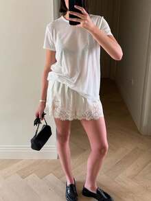 Mini Summer Lace Satin Shorts Lace Trim Casual Shorts For Women Beach Daily Wear - 白色 - 查看 7