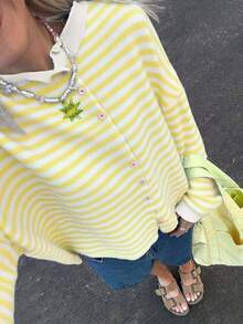 Vivid Style 秋冬新款女装时尚街头宽松条纹针织开衫毛衣外套，街头风，机场，圣诞节，圣诞毛衣，新年 - 黃色 - 查看 2
