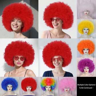 时尚节日短款蓬松豪华大号非洲卷发搞笑表演小丑角色扮演假发，男女通用 70 年代迪斯科嬉皮恐怖杀手服装假发，适合万圣节派对圣诞节生日服装动漫电影音乐节化妆舞会漫画展装饰，非洲合成假发，男女皆宜，有不同颜色可选，外观自然，适合初学者