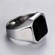 Fashion Simple Men's Ring Silvery 201 Stainless Steel Inlaid Black Synthetic Synthetic Gems Ring Companion Ring With Synthetic Synthetic Gems Seal Ring Friendship Ring - 銀色 - 查看 9