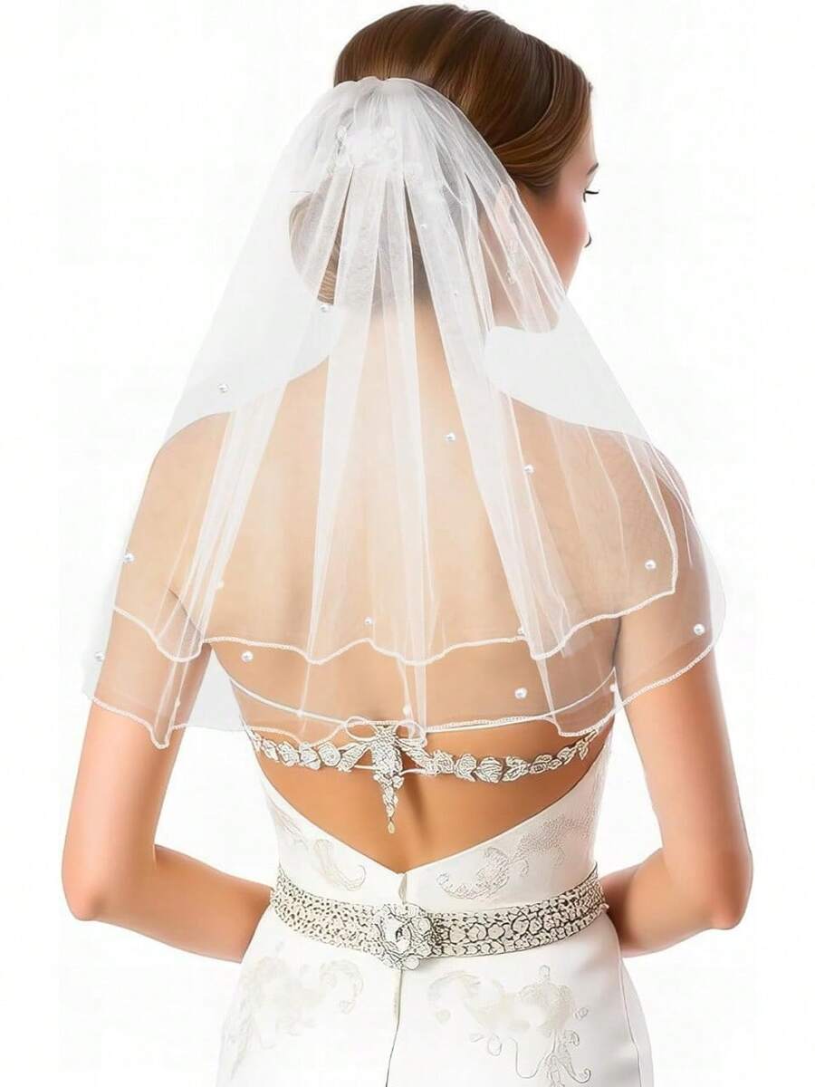 Short Wedding Veil Short Bridal Veil Women's Short Vails With Pearl Rhinestone Elegant Tulle Layer Veil For Brides And Women - 1 - 查看 1